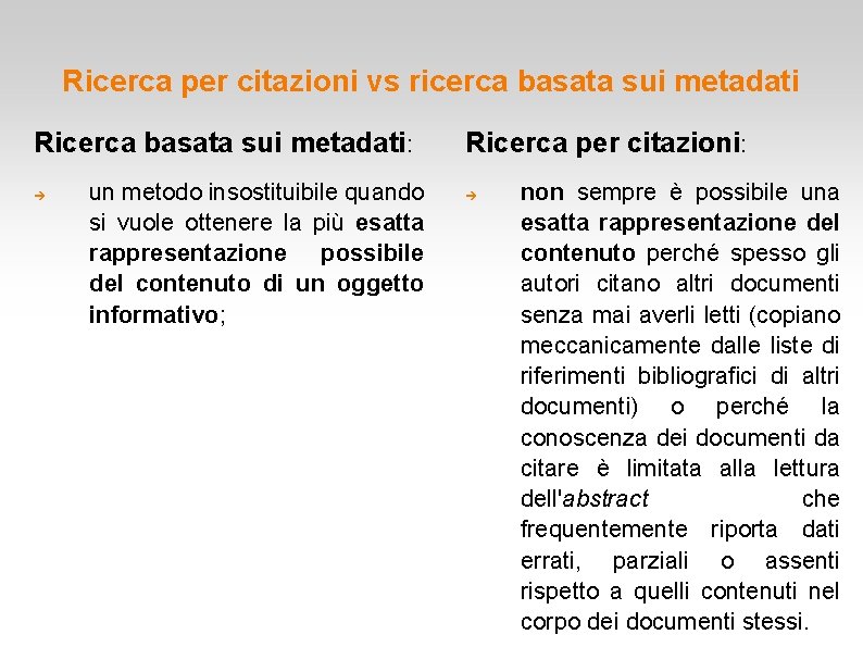 Ricerca per citazioni vs ricerca basata sui metadati Ricerca basata sui metadati: un metodo Ricerca per citazioni vs ricerca basata sui metadati Ricerca basata sui metadati: un metodo