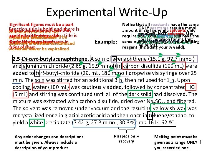 Experimental Write-Up Significant figures must be a part Reaction title is boldsince and there