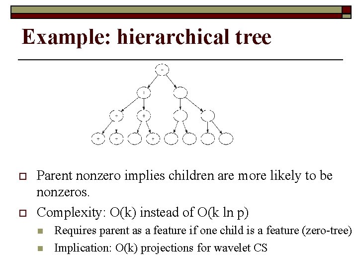 Example: hierarchical tree o o Parent nonzero implies children are more likely to be