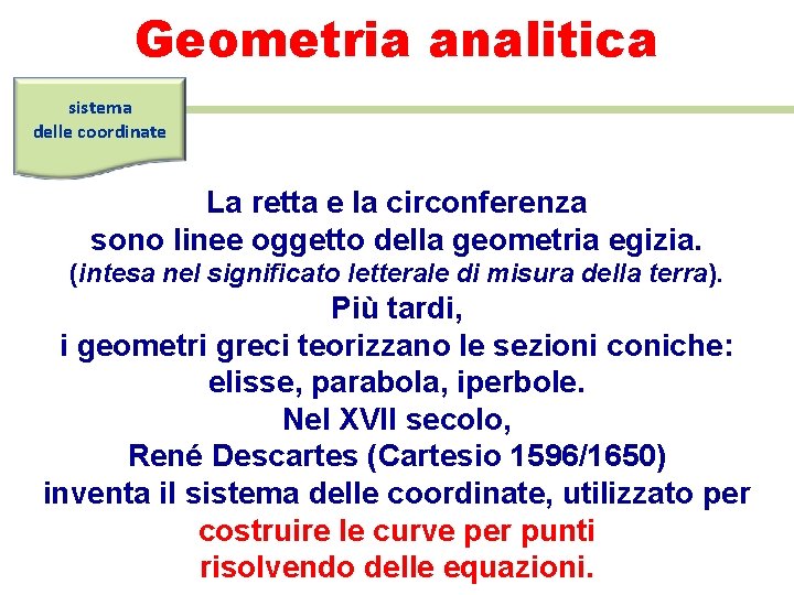 Geometria analitica sistema delle coordinate La retta e la circonferenza sono linee oggetto della