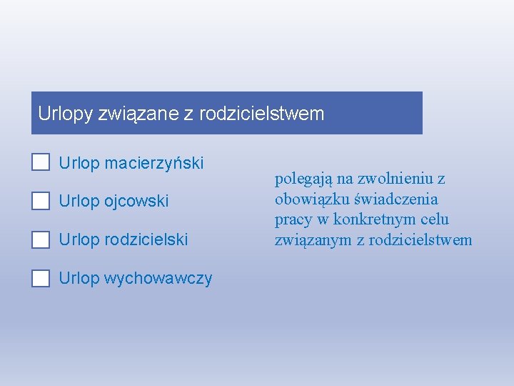 Urlopy związane z rodzicielstwem Urlop macierzyński Urlop ojcowski Urlop rodzicielski Urlop wychowawczy polegają na