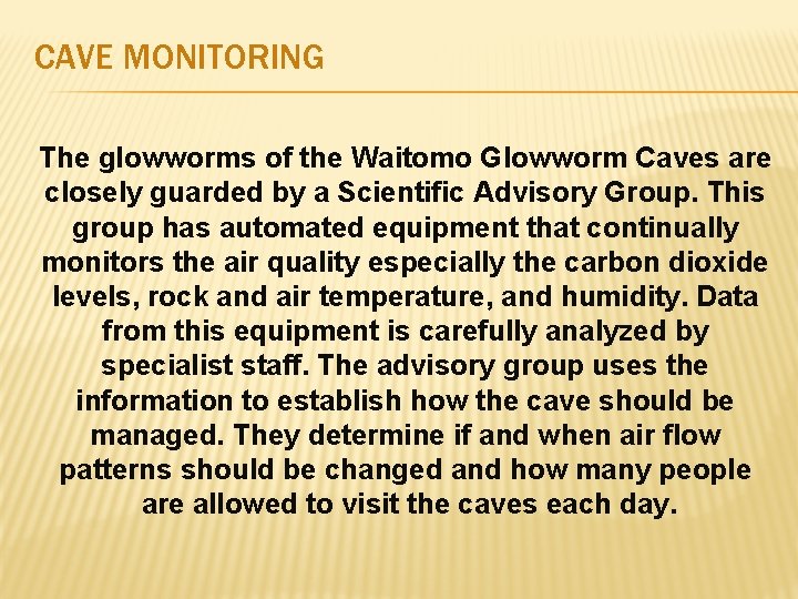 CAVE MONITORING The glowworms of the Waitomo Glowworm Caves are closely guarded by a