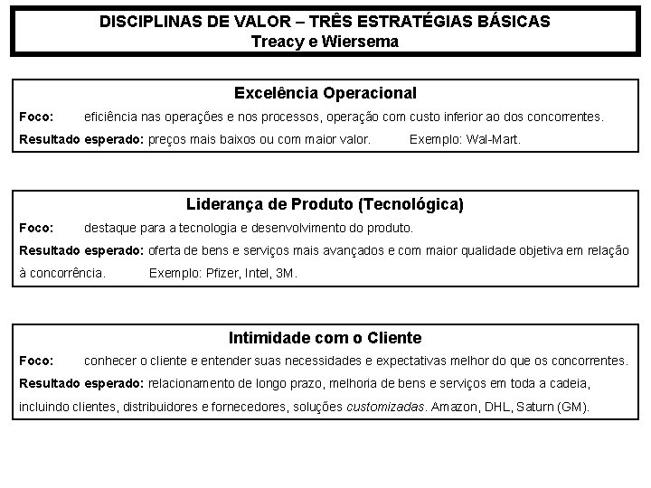 DISCIPLINAS DE VALOR – TRÊS ESTRATÉGIAS BÁSICAS Treacy e Wiersema Excelência Operacional Foco: eficiência