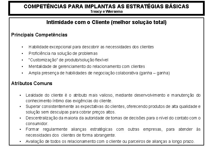COMPETÊNCIAS PARA IMPLANTAS AS ESTRATÉGIAS BÁSICAS Treacy e Wiersema Intimidade com o Cliente (melhor