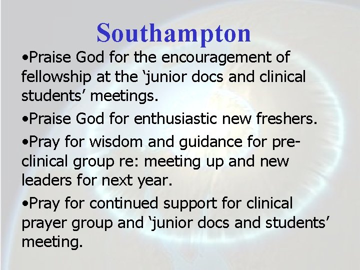 Southampton • Praise God for the encouragement of fellowship at the ‘junior docs and