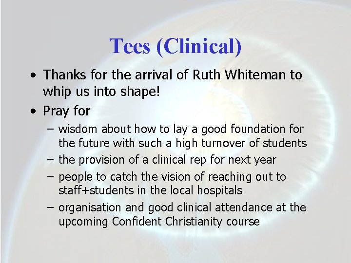 Tees (Clinical) • Thanks for the arrival of Ruth Whiteman to whip us into