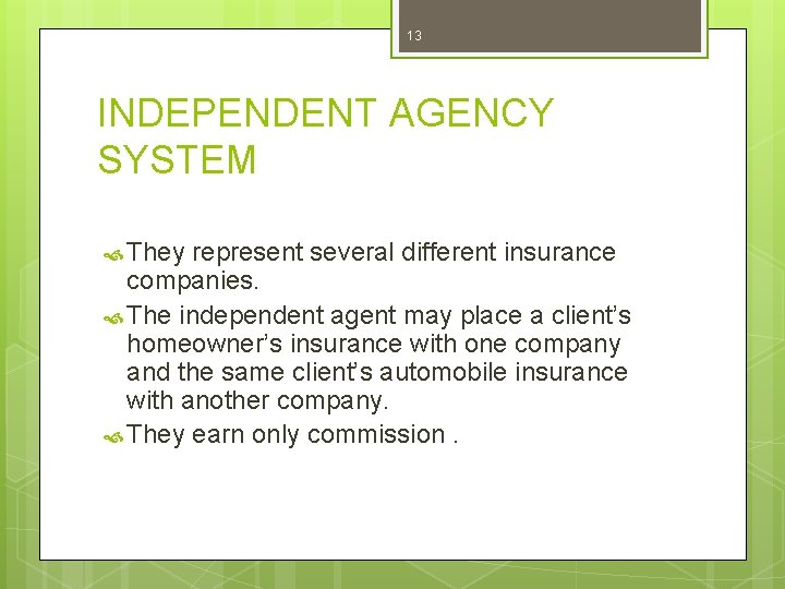 13 INDEPENDENT AGENCY SYSTEM They represent several different insurance companies. The independent agent may