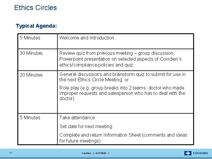 Ethics Circles Typical Agenda: 5 Minutes Welcome and Introduction 30 Minutes Review quiz from