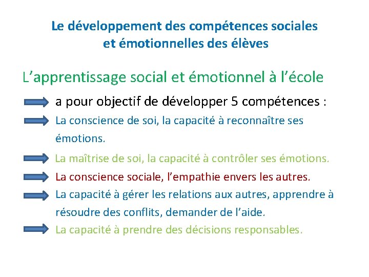 Le développement des compétences sociales et émotionnelles des élèves L’apprentissage social et émotionnel à