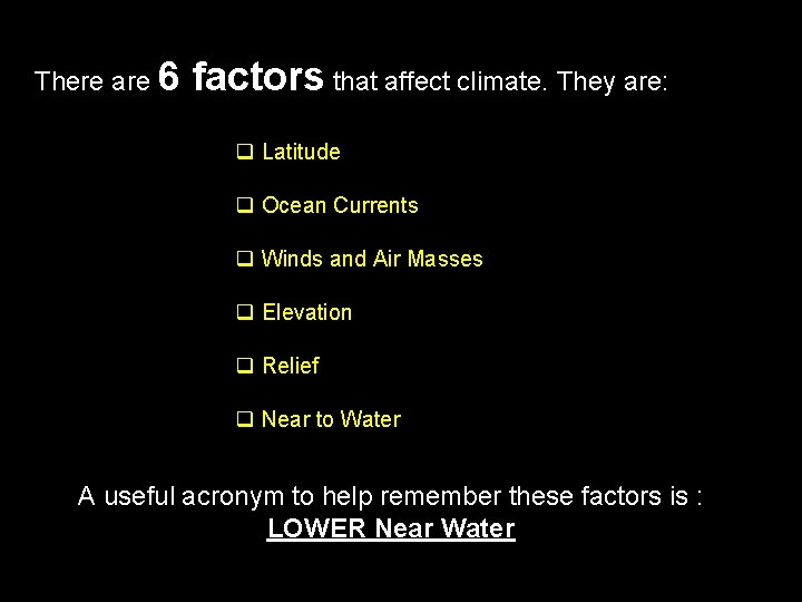 There are 6 factors that affect climate. They are: Latitude Ocean Currents Winds and