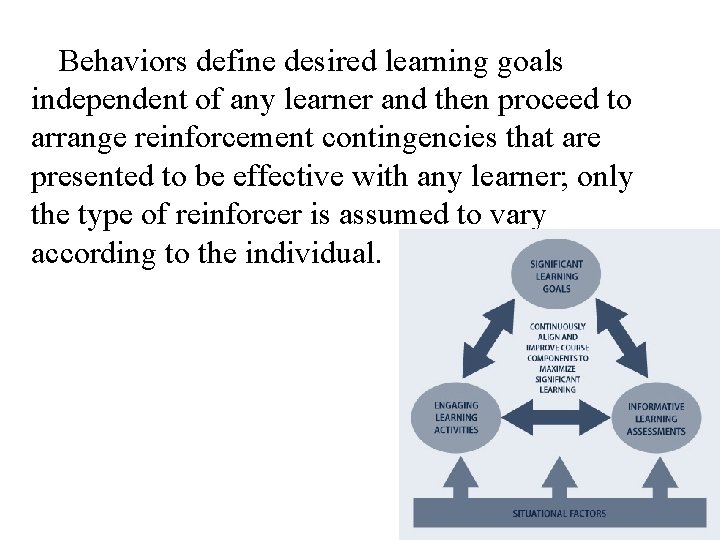 Behaviors define desired learning goals independent of any learner and then proceed to arrange