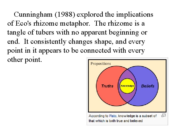 Cunningham (1988) explored the implications of Eco's rhizome metaphor. The rhizome is a tangle