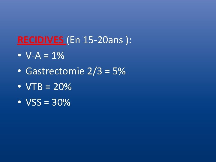 RECIDIVES (En 15 -20 ans ): • V-A = 1% • Gastrectomie 2/3 =