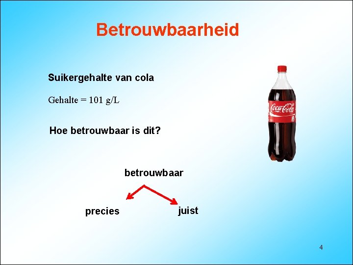 Betrouwbaarheid Suikergehalte van cola Gehalte = 101 g/L Hoe betrouwbaar is dit? betrouwbaar precies