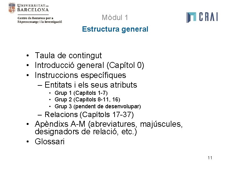 Mòdul 1 Estructura general • Taula de contingut • Introducció general (Capítol 0) •