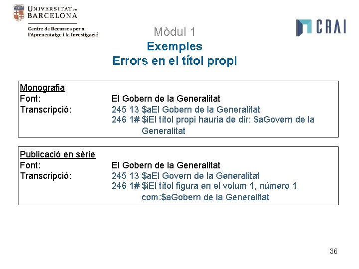 Mòdul 1 Exemples Errors en el títol propi Monografia Font: Transcripció: El Gobern de