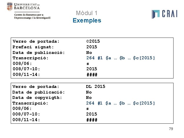 Mòdul 1 Exemples Verso de portada: Prefaci signat: Data de publicació: Transcripció: 008/06: 008/07