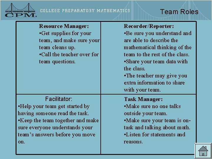 Team Roles Resource Manager: • Get supplies for your team, and make sure your