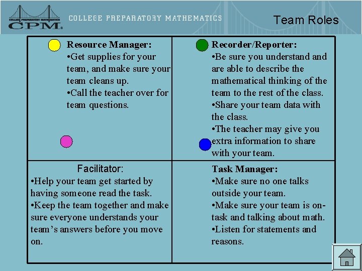 Team Roles Resource Manager: • Get supplies for your team, and make sure your
