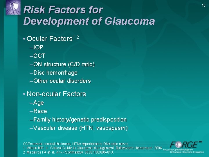 Risk Factors for Development of Glaucoma • Ocular Factors 1, 2 – IOP –