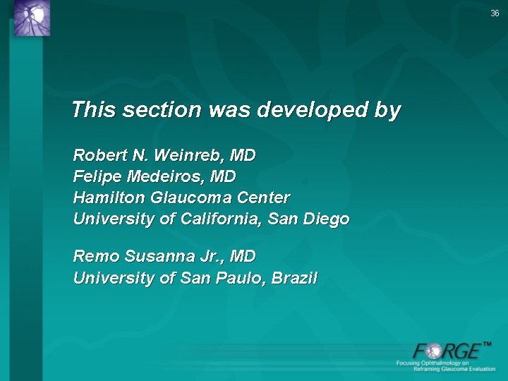 36 This section was developed by Robert N. Weinreb, MD Felipe Medeiros, MD Hamilton