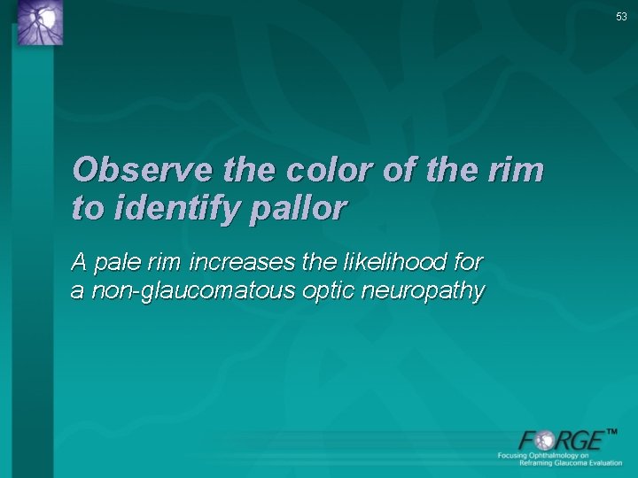 53 Observe the color of the rim to identify pallor A pale rim increases