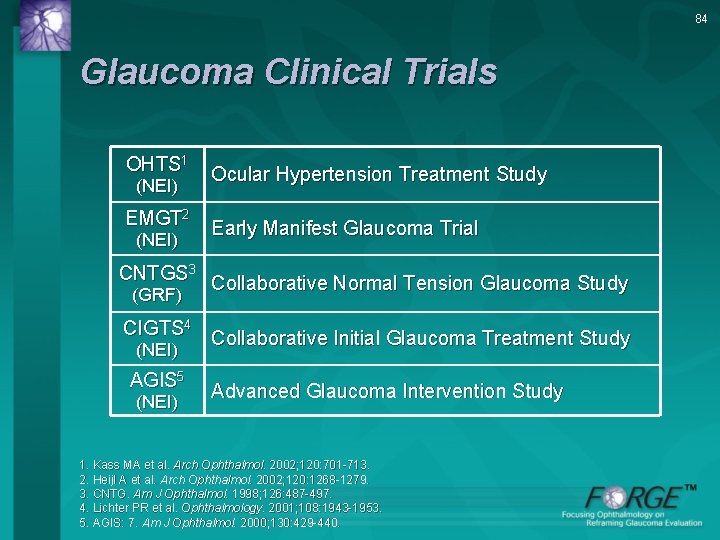 84 Glaucoma Clinical Trials OHTS 1 (NEI) EMGT 2 (NEI) Ocular Hypertension Treatment Study