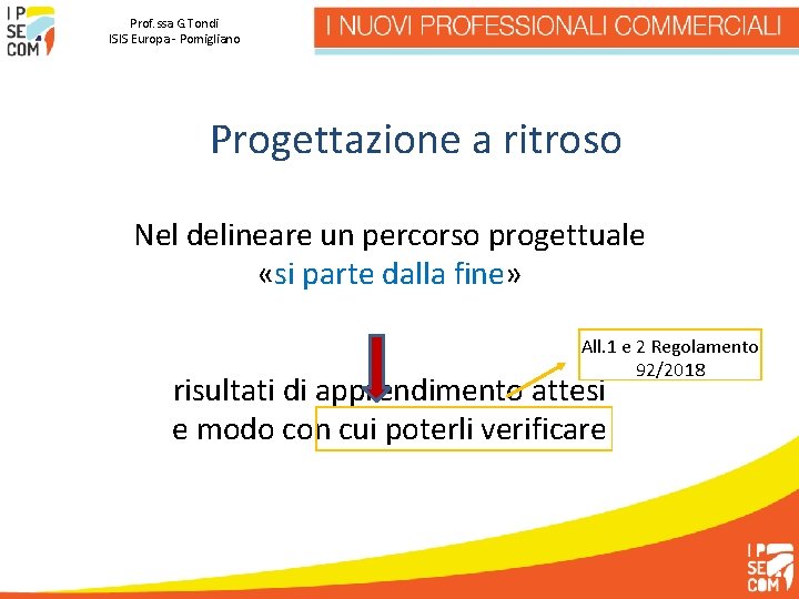 Prof. ssa G. Tondi ISIS Europa - Pomigliano Progettazione a ritroso Nel delineare un