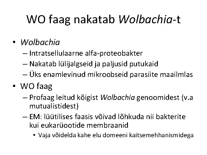 WO faag nakatab Wolbachia-t • Wolbachia – Intratsellulaarne alfa-proteobakter – Nakatab lülijalgseid ja paljusid