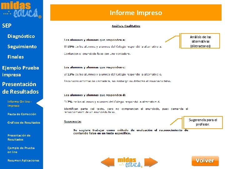 Informe Impreso SEP Diagnóstico Seguimiento Análisis de las alternativas (distractores) Finales Ejemplo Prueba impresa