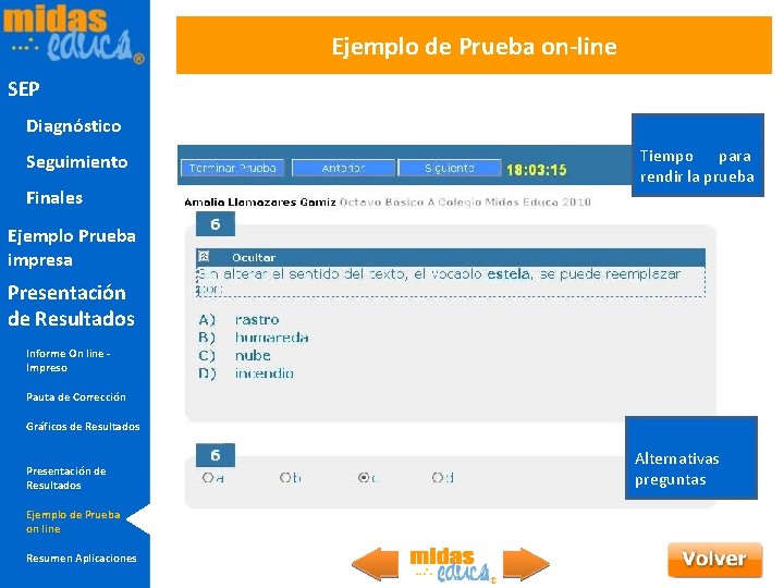 Ejemplo de Prueba on-line SEP Diagnóstico Seguimiento Finales Tiempo para rendir la prueba Ejemplo