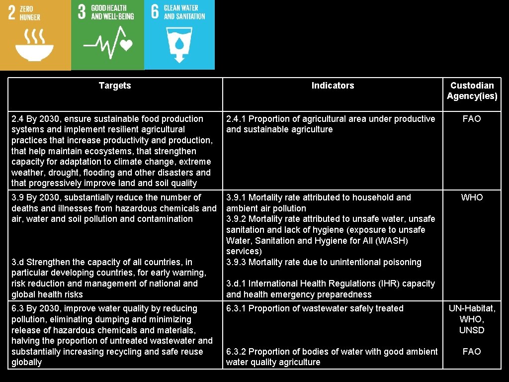 Targets Indicators Custodian Agency(ies) 2. 4 By 2030, ensure sustainable food production systems and Targets Indicators Custodian Agency(ies) 2. 4 By 2030, ensure sustainable food production systems and