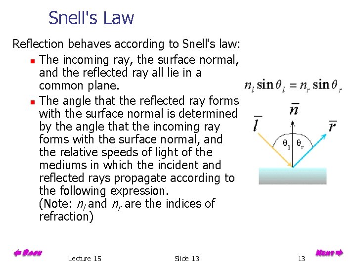 Snell's Law Reflection behaves according to Snell's law: n The incoming ray, the surface