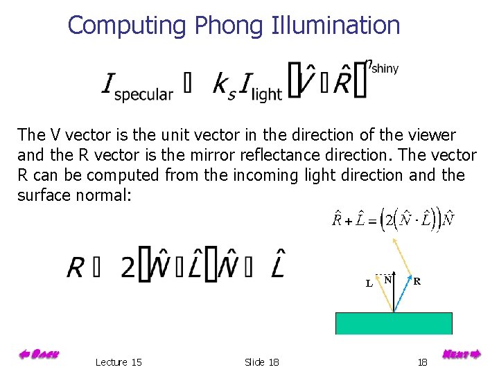 Computing Phong Illumination The V vector is the unit vector in the direction of