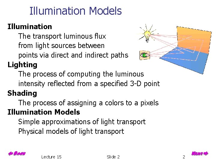 Illumination Models Illumination The transport luminous flux from light sources between points via direct