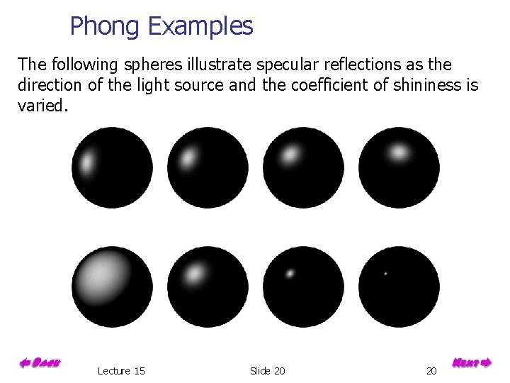 Phong Examples The following spheres illustrate specular reflections as the direction of the light