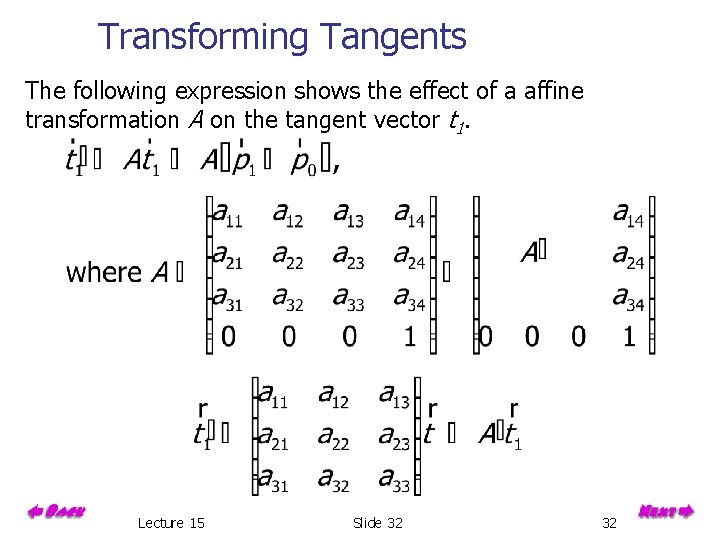 Transforming Tangents The following expression shows the effect of a affine transformation A on