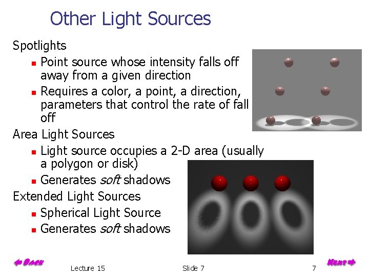 Other Light Sources Spotlights n Point source whose intensity falls off away from a