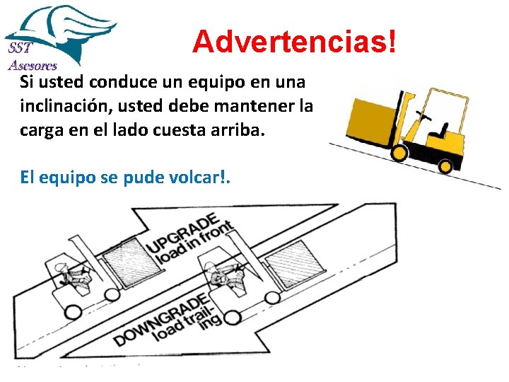 Advertencias! Si usted conduce un equipo en una inclinación, usted debe mantener la carga