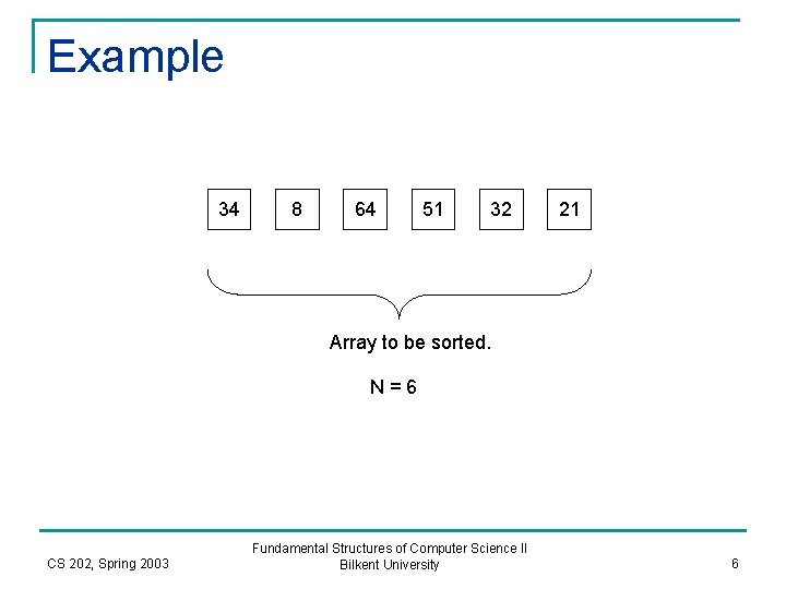 Example 34 8 64 51 32 21 Array to be sorted. N=6 CS 202,