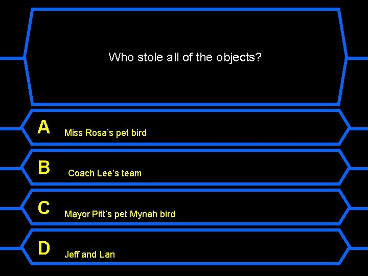 Who stole all of the objects? A Miss Rosa’s pet bird B Coach Lee’s