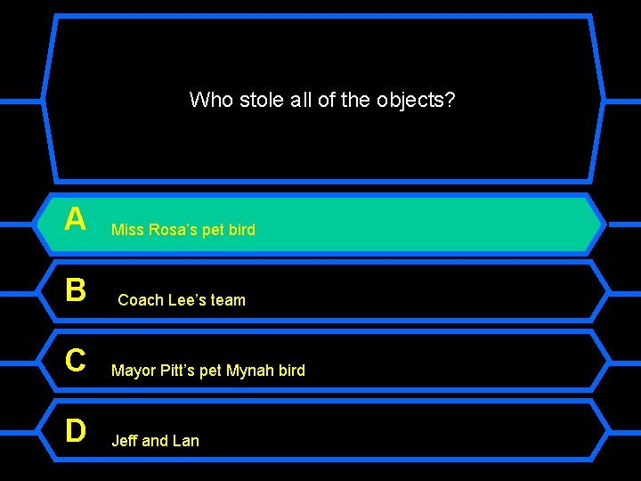 Who stole all of the objects? A Miss Rosa’s pet bird B Coach Lee’s
