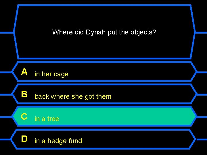 Where did Dynah put the objects? A in her cage B back where she