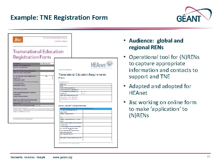 Example: TNE Registration Form • Audience: global and regional RENs • Operational tool for