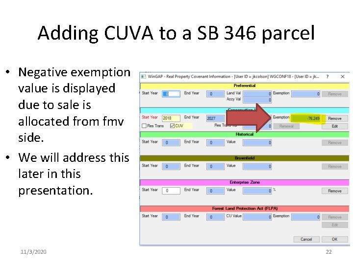 Adding CUVA to a SB 346 parcel • Negative exemption value is displayed due Adding CUVA to a SB 346 parcel • Negative exemption value is displayed due