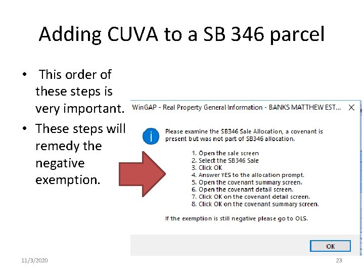 Adding CUVA to a SB 346 parcel • This order of these steps is Adding CUVA to a SB 346 parcel • This order of these steps is