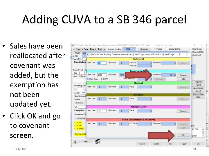 Adding CUVA to a SB 346 parcel • Sales have been reallocated after covenant Adding CUVA to a SB 346 parcel • Sales have been reallocated after covenant