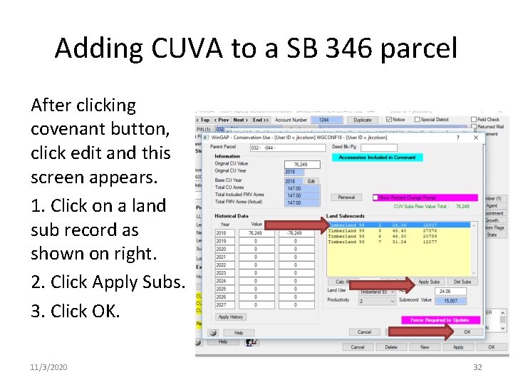 Adding CUVA to a SB 346 parcel After clicking covenant button, click edit and