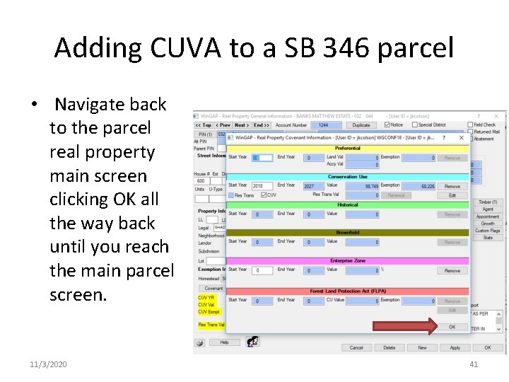 Adding CUVA to a SB 346 parcel • Navigate back to the parcel real