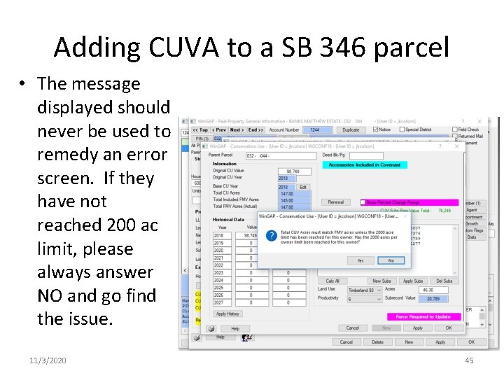 Adding CUVA to a SB 346 parcel • The message displayed should never be